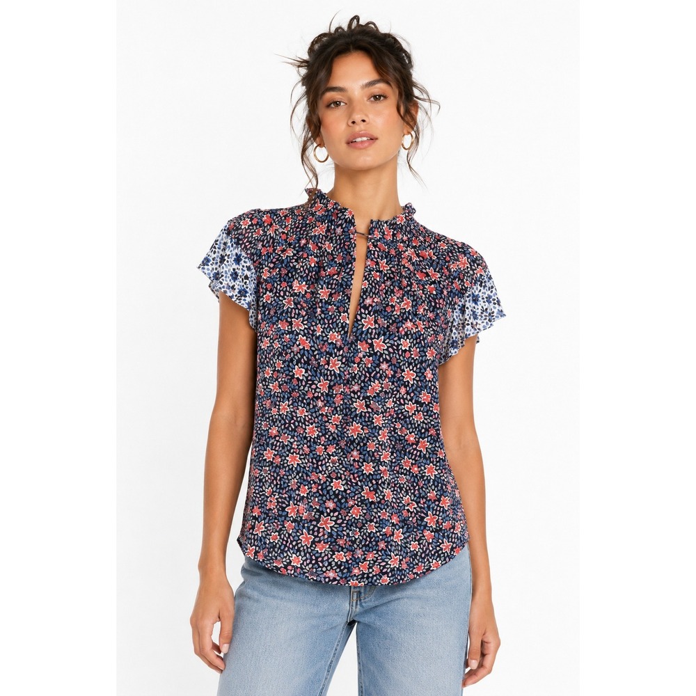Rebecca Taylor Silk Floral Flutter Sleeve Blouse Women M Ruffle Neck Navy Blue